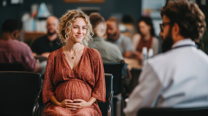 Obraz premium Pregnant woman in warm hospital setting, smiling and cradling her belly while talking to doctor