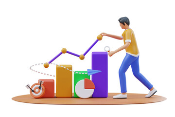 Man Adjusting Upward Trending Data Chart with Pie Chart and Target Object on Transparent Background for Marketing Growth Analytics