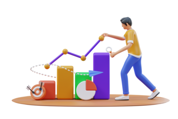 Man Adjusting Upward Trending Data Chart with Pie Chart and Target Object on Transparent Background for Marketing Growth Analytics