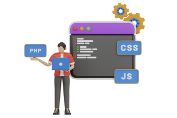 Male PHP Developer with Laptop and Coding Interface Displaying PHP CSS and JS Labels with Cogwheel Graphics and Transparent Background