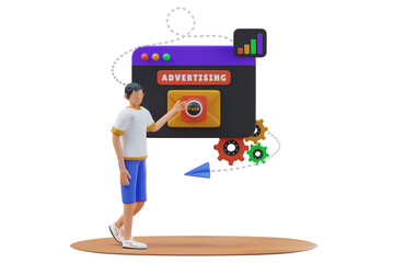 Young Man Explains Digital Advertising Strategy with Gears and Graphs on Transparent Background