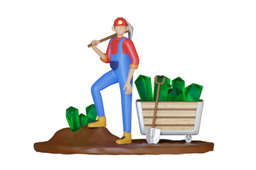 Male Miner In Red Hat Blue Overalls And Yellow Boots Holding Pickaxe Standing Beside Cart Full Of Emeralds On Black Background