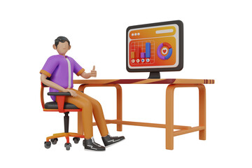 Male character in purple shirt and orange pants gives thumbs up sitting at desk