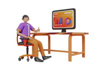 Male character in purple shirt and orange pants gives thumbs up sitting at desk