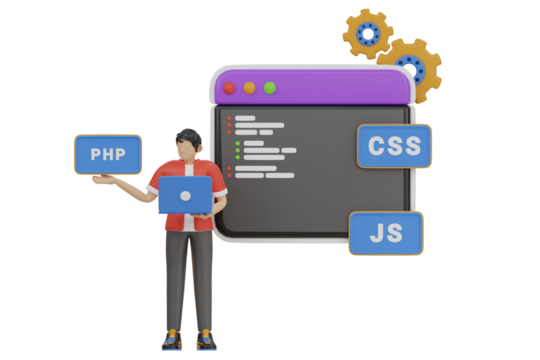 Male PHP Developer with Laptop and Coding Interface Displaying PHP CSS and JS Labels with Cogwheel Graphics and Transparent Background