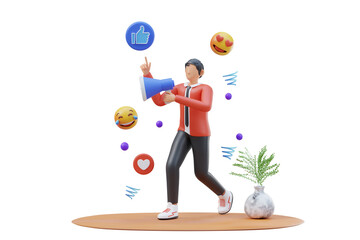 Man holding megaphone announcing and engaging with social media icons like thumbs up and laughing emoji with a small plant in a vase on transparent background