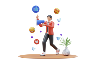 Man holding megaphone announcing and engaging with social media icons like thumbs up and laughing emoji with a small plant in a vase on transparent background
