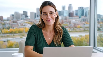 Fototapeta premium Smiling Woman in Green Sweater Working on Laptop in Modern Office
