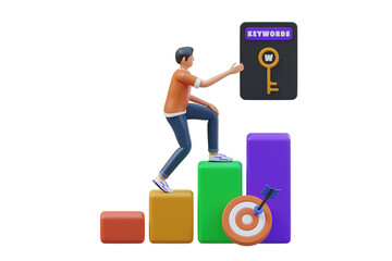 Man Climbing Colorful Bar Chart Towards Keyword Goal With Target Icon And Transparent Background