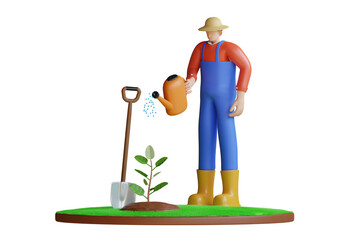 Male farmer wearing blue overalls and a straw hat watering a small plant with an orange watering can next to a shovel on green grass with a transparent background