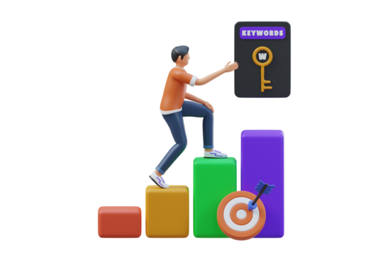 Man Climbing Colorful Bar Chart Towards Keyword Goal With Target Icon And Transparent Background