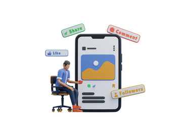 Man interacts with social media interface on giant smartphone displaying content with likes comments shares and follower icons against a black background for digital marketing concepts