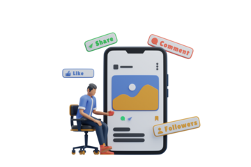 Man interacts with social media interface on giant smartphone displaying content with likes comments shares and follower icons against a black background for digital marketing concepts