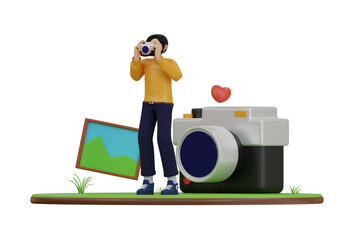 Male Photographer Character in Orange Sweater and Blue Pants Holding Camera Taking Photo with Large Camera and Picture Frame in Studio Setting with Heart Icon Overhead