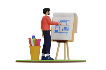 Male Architect Wearing Red Sweater and Blue Pants Drawing Floor Plan on Easel with Markers in Yellow Holder