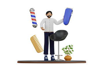Male Hairdresser Levitates Barber Pole Electric Clipper and Comb with Small Potted Plant in Studio Scene