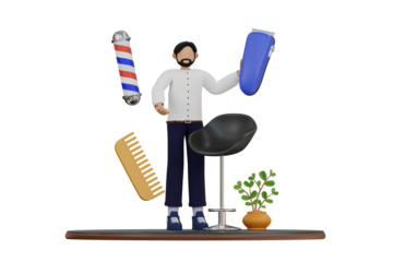 Male Hairdresser Levitates Barber Pole Electric Clipper and Comb with Small Potted Plant in Studio Scene