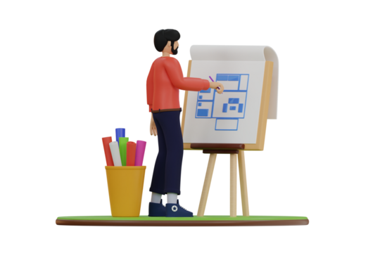 Male Architect Wearing Red Sweater and Blue Pants Drawing Floor Plan on Easel with Markers in Yellow Holder - Powered by Adobe