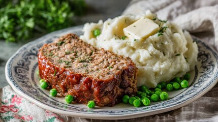 A delicious portion of meatloaf accompanied by fluffy mashed potatoes and vibrant peas ready to enjoy.
