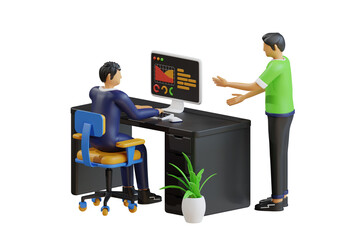 Two colleagues collaborating discussing data displayed on a computer screen in a modern office setting with one person seated and the other standing.