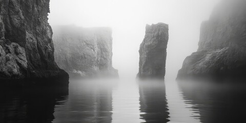 A foggy mountain range with a body of water in the foreground