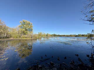 A lake against a blue sky