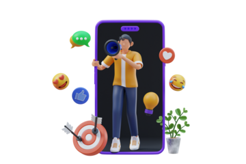 Digital Marketing Campaign Illustration A Man With Megaphone Promotes A Product On A Smartphone With Social Media Icons And Target Audience Graphics Over A Black Background