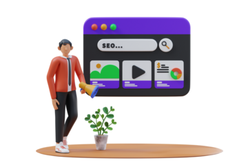 3D Character Promoting Search Engine Optimization With Magnifying Glass And Website Elements On Transparent Background Digital Marketing Concept