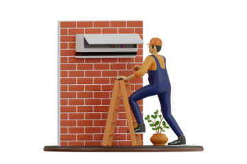 Technician in Orange Cap and Blue Overalls on Ladder Repairing White AC Unit Mounted on Red Brick Wall with Green Plant Below