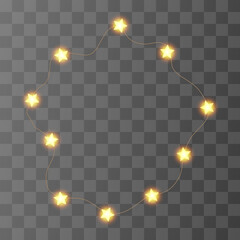 Light garland wreath, star bulb string vector bg. Fairy holiday party decor, white gold xmas festive border. Winter ribbon isolated, element png. New year banner decoration, bright glow led lamp frame