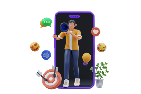 Digital Marketing Campaign Illustration A Man With Megaphone Promotes A Product On A Smartphone With Social Media Icons And Target Audience Graphics Over A Black Background