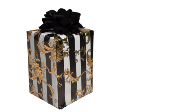 Gift box in black, white, gold baroque wrapping paper - Powered by Adobe
