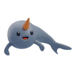 Cute cartoon narwhal with orange horn and gray body floating on transparent background