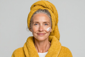 Portrait of an older woman in a fluffy yellow bathrobe and towel turban, with a dab of skincare cream on her cheek, ready for a spa morning.