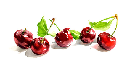 A watercolor illustration of pink cherries with green leaves