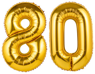 Number 80 Golden Foil Balloon Floating with Invisible Strings, Top-Down Perspective, Isolated