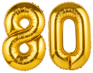 Number 80 Golden Foil Balloon Floating with Invisible Strings, Top-Down Perspective, Isolated