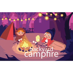 Two Cheerful Children Enjoying Marshmallows Over a Campfire at Dusk With String Lights in the Background