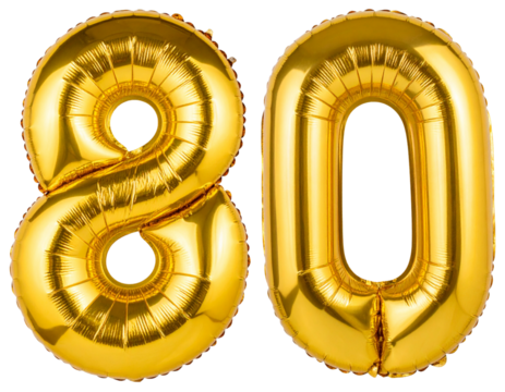 Number 80 Golden Foil Balloon Floating with Invisible Strings, Top-Down Perspective, Isolated