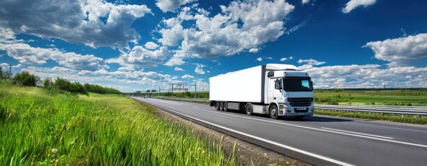 The truck driving on a rural highway under dramatic blue sky and clouds