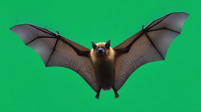 A bat with brown fur and dark wings is shown against a green screen background with its wings spread bat green screen video