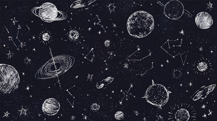 A colorful illustration of planets, stars, and constellations on a dark background, featuring various celestial bodies in vibrant hues