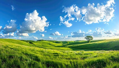 Fototapeta premium Expansive Green Rolling Hills Under a Vast Blue Sky with Fluffy White Clouds and a Distant Solitary Tree Bathed in Golden Sunlight