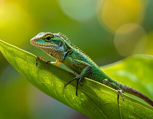 Fototapeta premium Vibrant Green Lizard Perched on Leaf in Lush Tropical Setting.