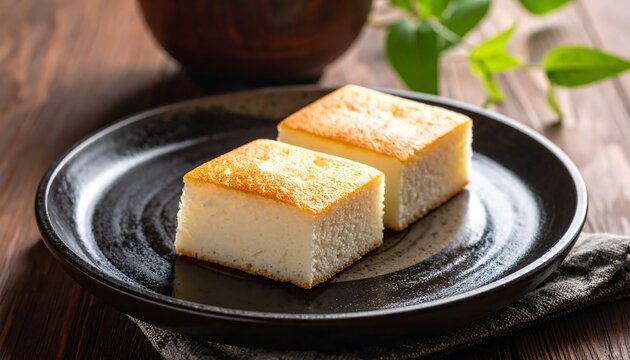 Two slices of castella cake on a black plate.