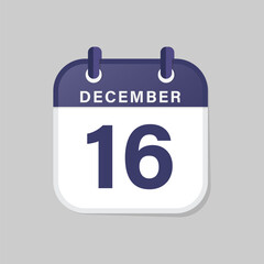 Modern Calendar Icon Showing December 16th - Flat Style