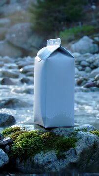White Milk Carton pn Rocks in Nature, Eco Lifestyle and Sustainability Concept 
