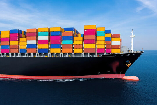 A massive container ship carrying vibrant stacked cargo crates sails across calm blue seas, showcasing industrial scale and maritime efficiency in a dynamic oceanic scene.