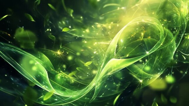 Abstract green swirls with floating particles and leaf shapes