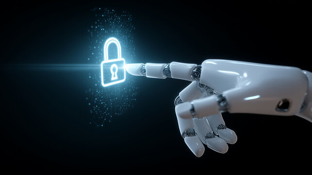 Futuristic robotic hand touch glowing digital padlock advance cybersecurity artificial intelligence protection.
